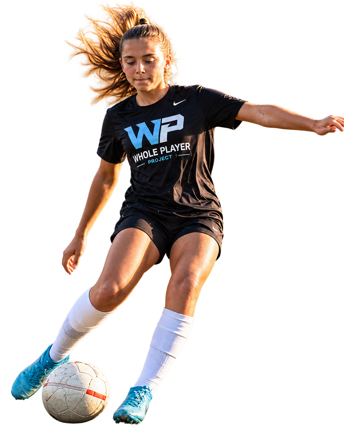Female soccer player striking the ball mid-stride