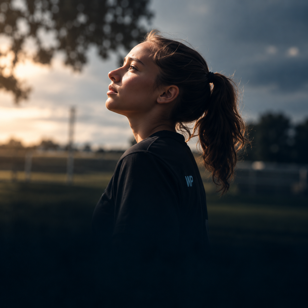 Player gazing up toward the sky at sunset