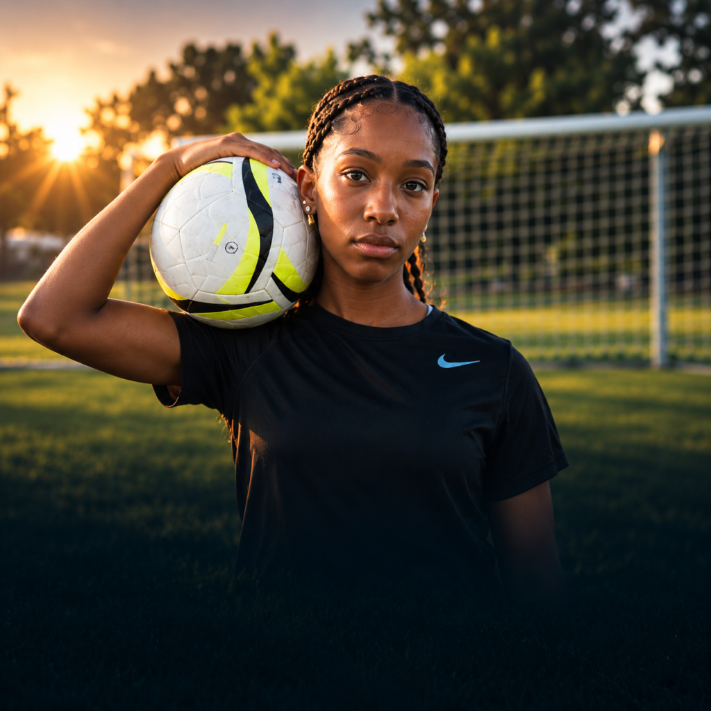 Player holding a soccer ball on her shoulder at sunset