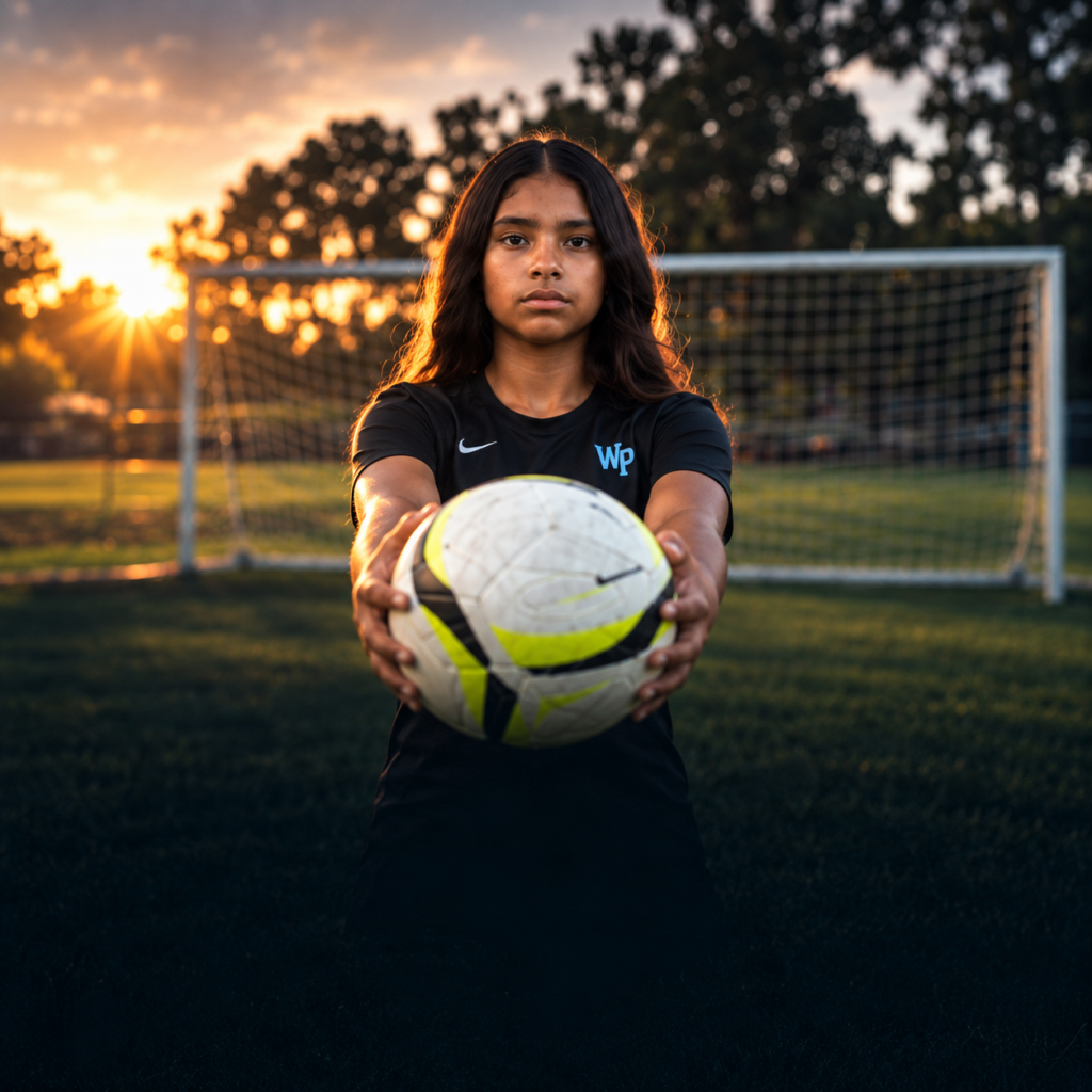 Player holding a soccer ball out toward the camera