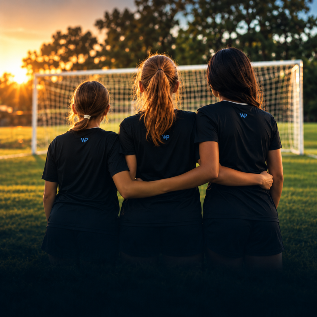 Three players with their arms around each other facing the goal