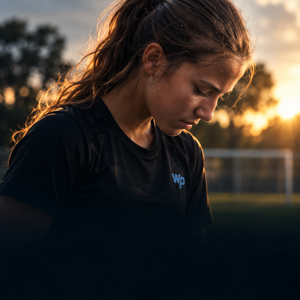 Player looking down in thought at sunset