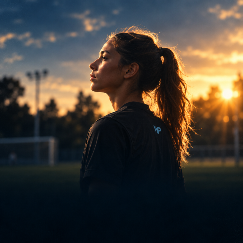 Player looking up and away at sunset