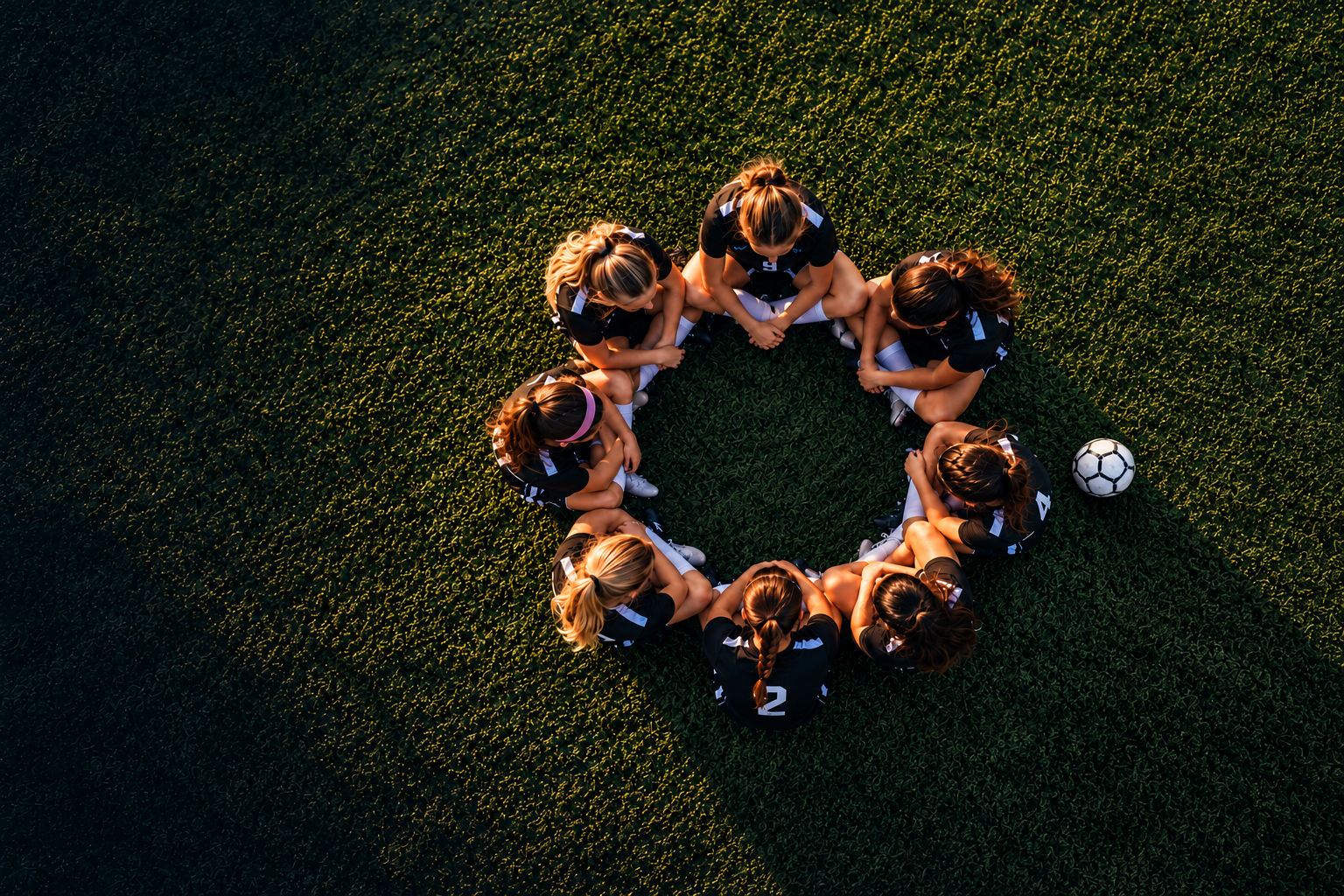 Overhead view of a team huddled in a circle on the field