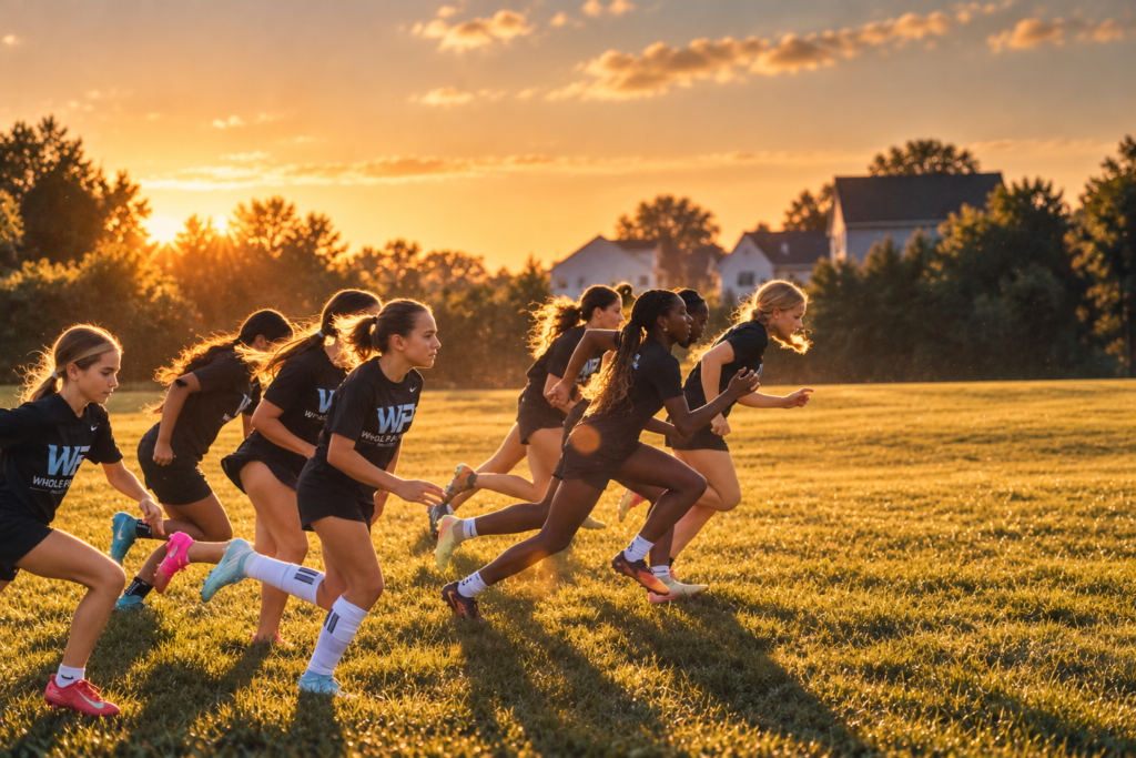 Teammates sprinting across a field at sunset