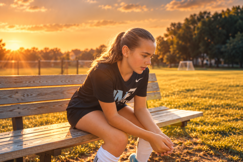 Player sitting on a bench looking down in thought at sunset