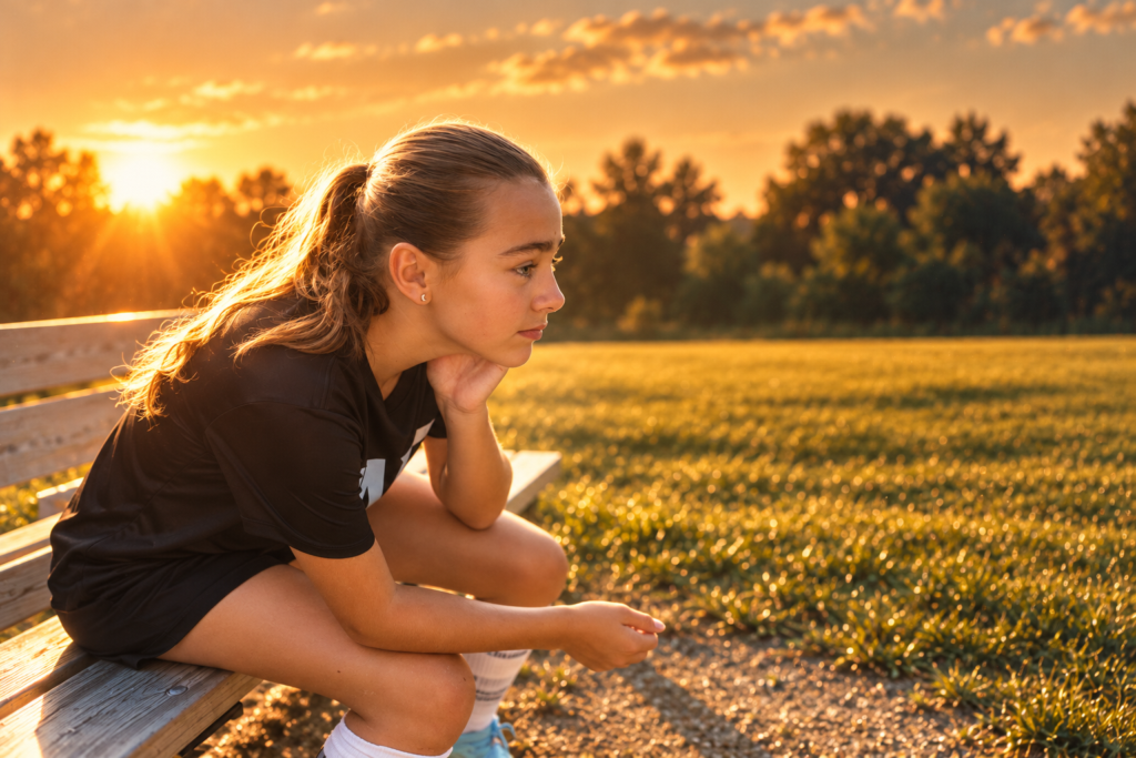 Player in profile on a bench, chin in hand, looking into the distance at sunset