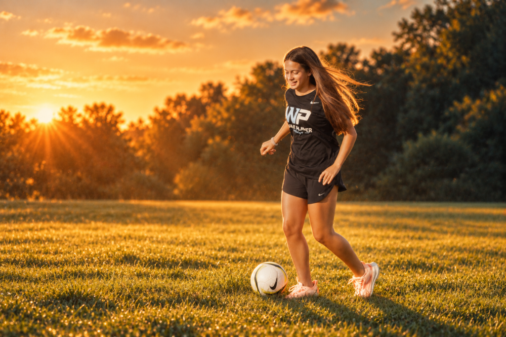Player dribbling a soccer ball across the grass at sunset