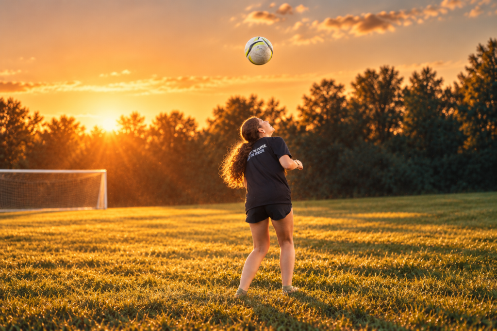 Player looking up at a soccer ball in the air at sunset