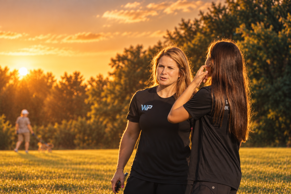Coach talking with a player on the field at sunset