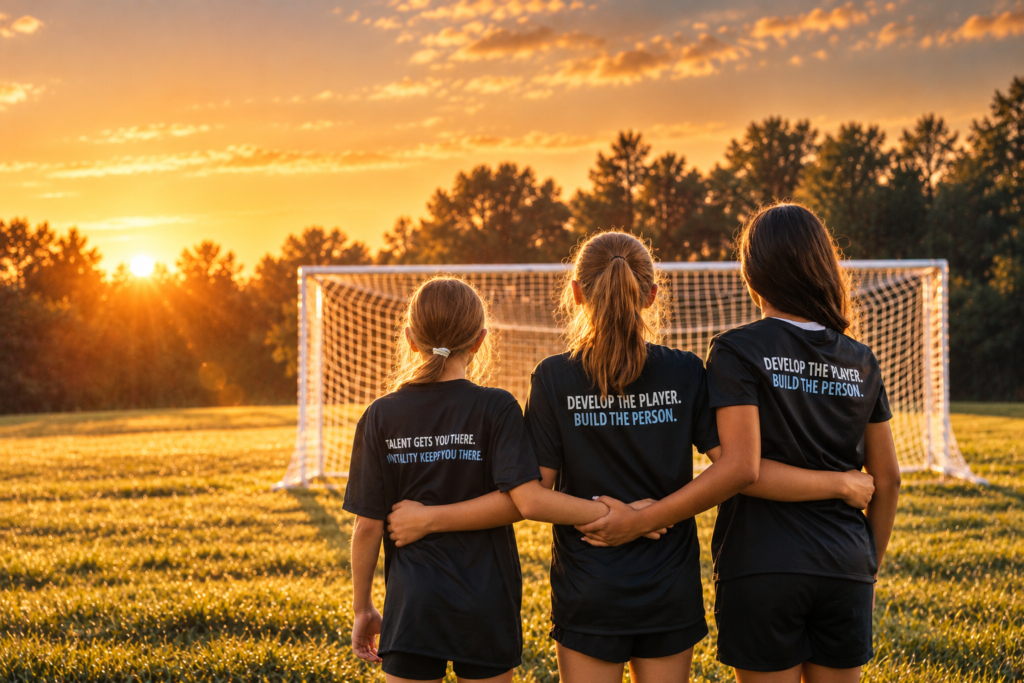 Three players with their arms around each other facing the goal at sunset