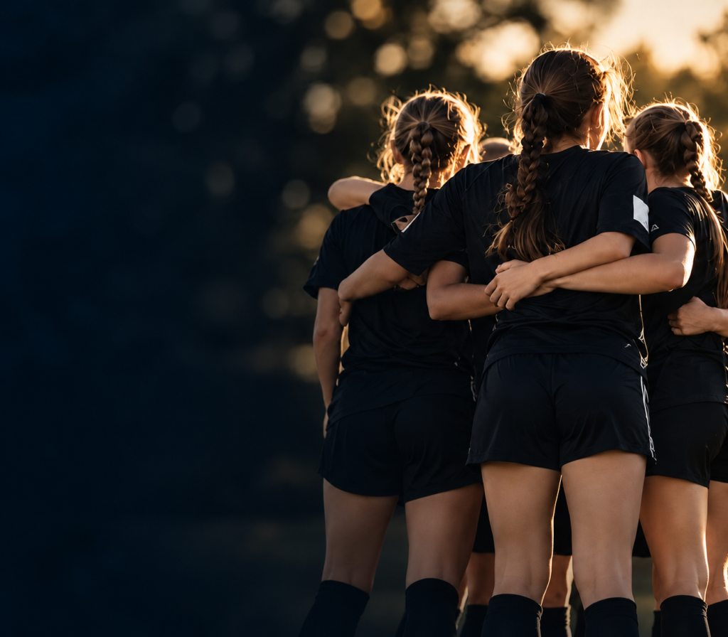 Teammates in black Whole Player shirts with their arms around each other, seen from behind