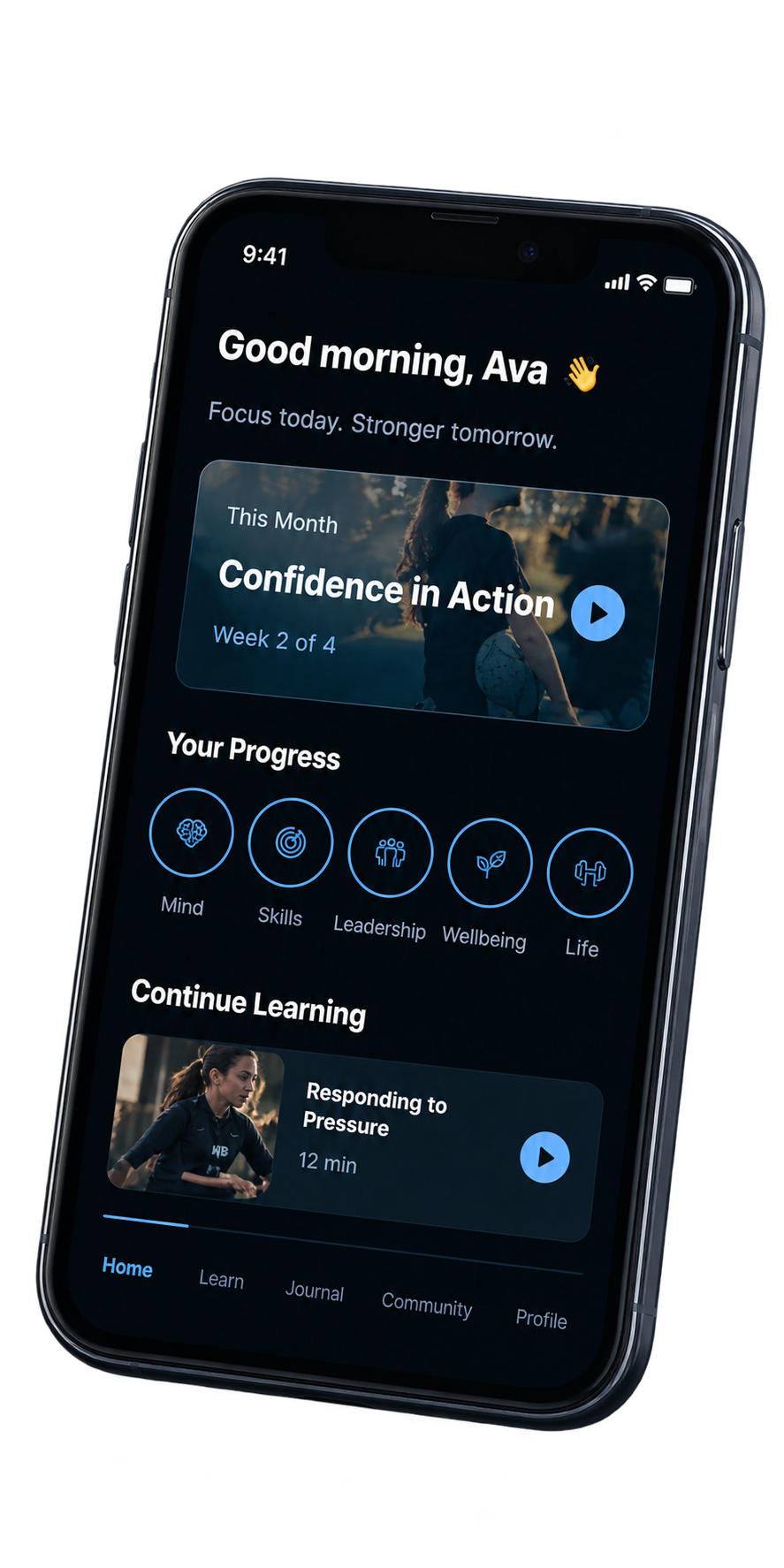The Whole Player app on a phone showing a guided lesson and progress dashboard